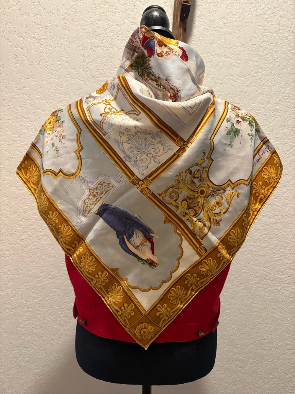 Etro 100% Silk Gold/ Cream Scarf with Classical Motifs